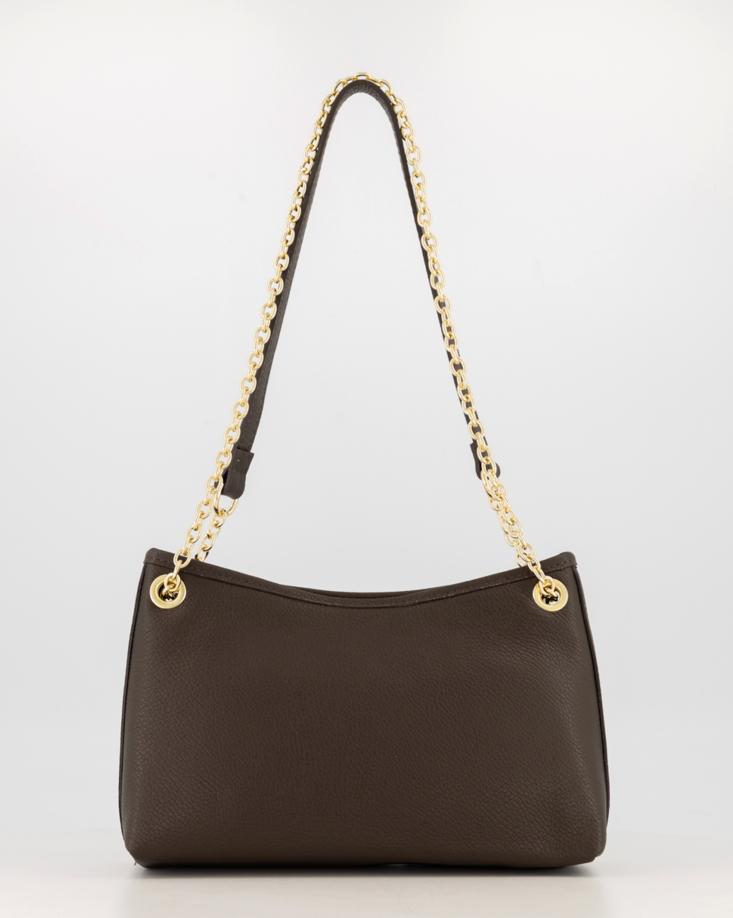 Pisa Classic Grain crossbody tas in donkerbruin leer met goudkleurige kettinghengsel en leren band, vooraanzicht