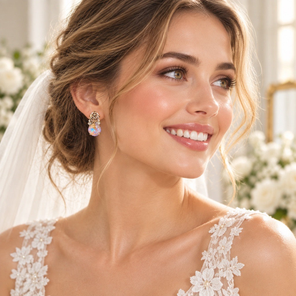 Bruid draagt Vivienna oorsteker beige champagne met kristallen bij opgestoken haar en kanten trouwjurk, DAMICE Jewelry